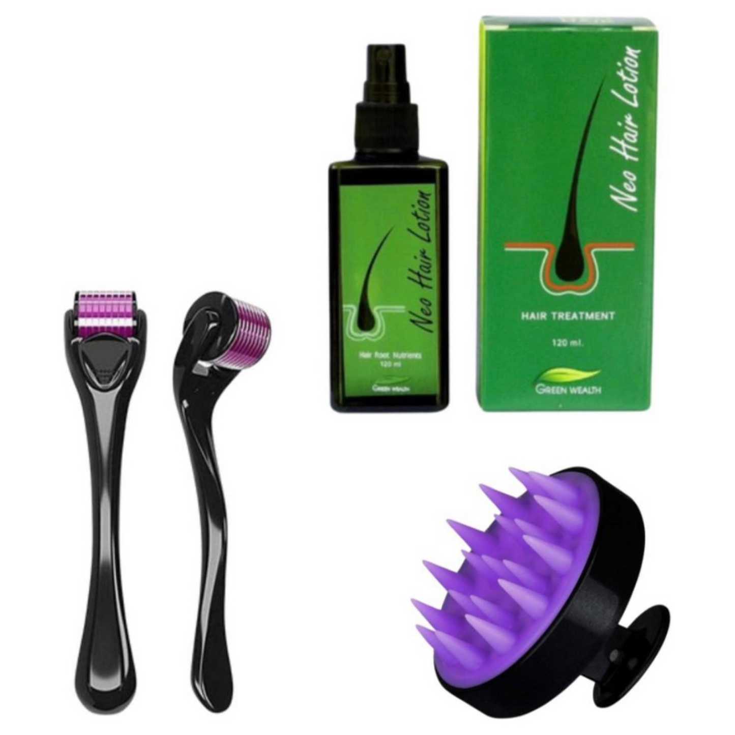 Neo hair lotion including dermaroller and shampoo brush 3 in 1